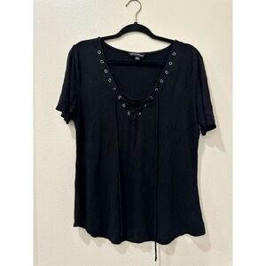 Rock & Republic Womens Black Lace Up Grommet V-Neck Short Sleeve Top Size L